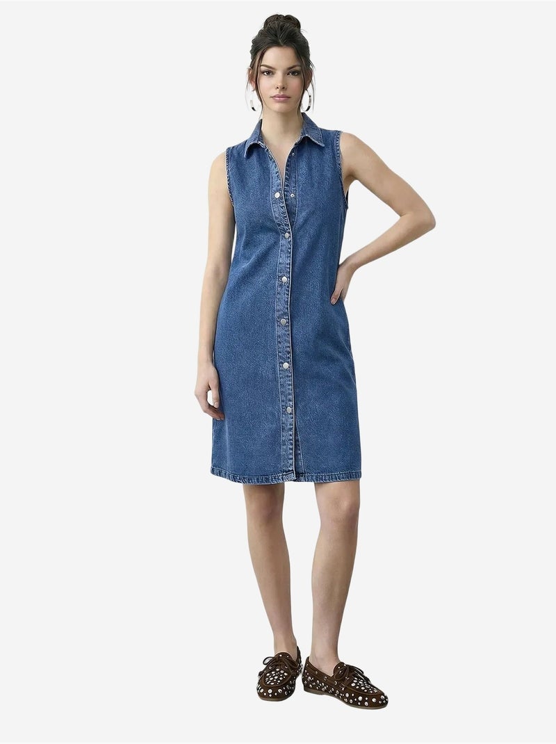 Mini spijkerjurk met overhemdkraag en zak lucci Saffierblauw - Kiabi