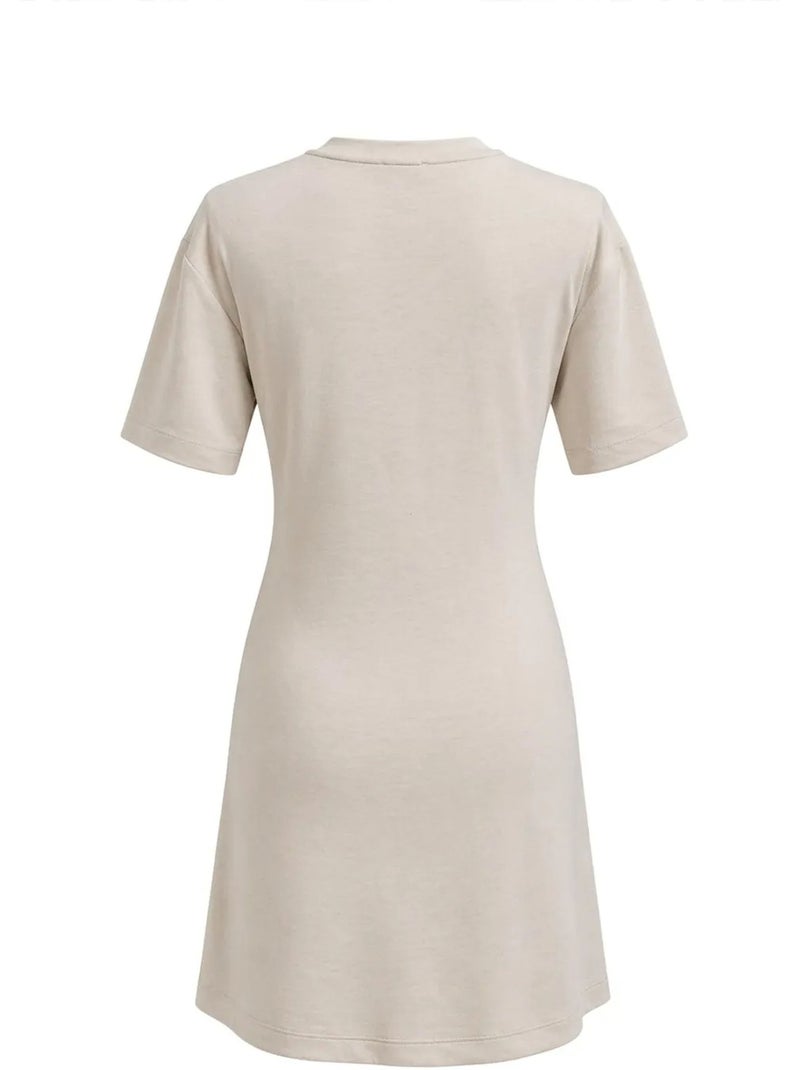 Mini t-shirtjurk met ronde hals en steenaccessoire mixray Klei-beige - Kiabi