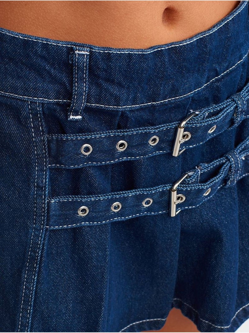 Minirok van katoen-denim met riem dilvin Saffierblauw - Kiabi