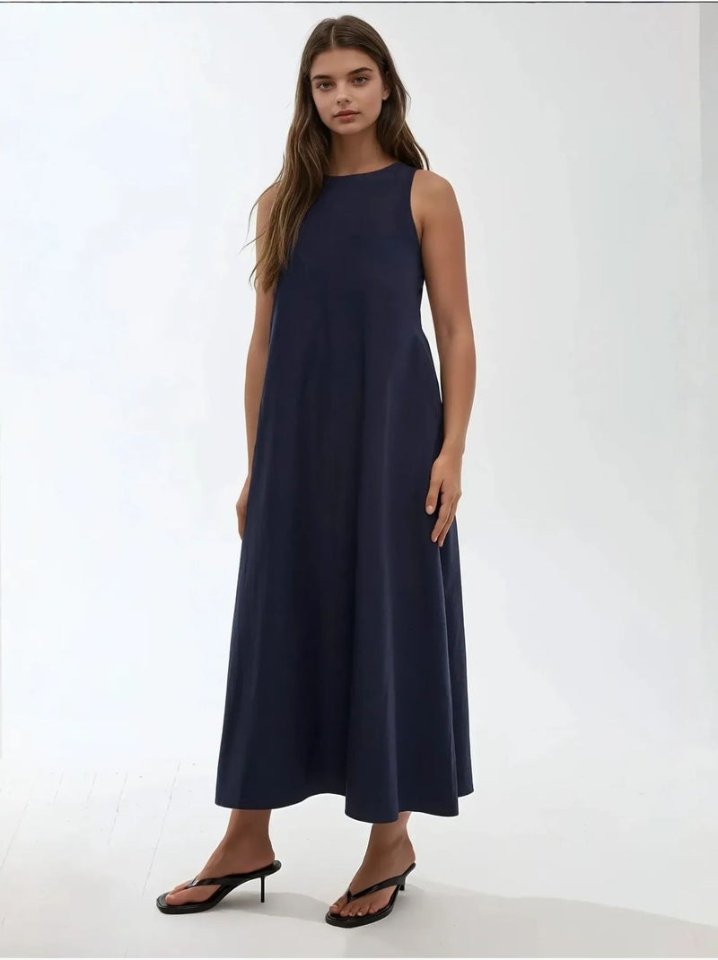 Mixray collection maxi-jurk in a-lijn met ronde hals en zonder mouwen hiccup Marineblauw - Kiabi