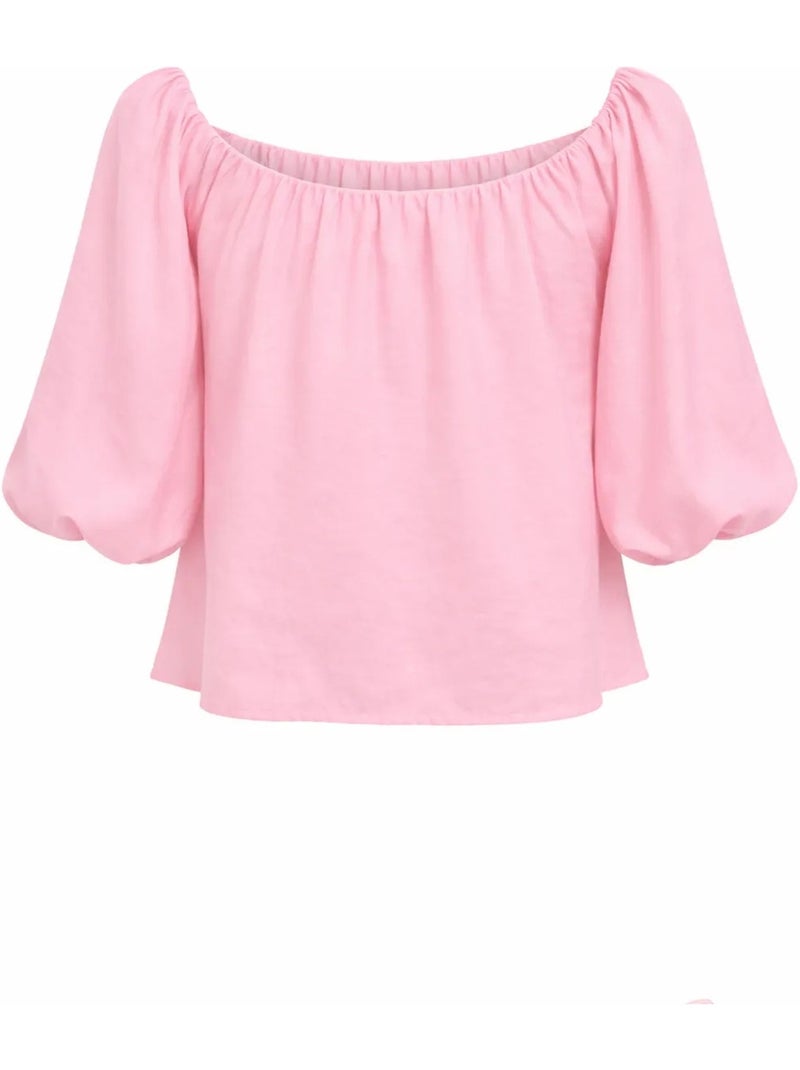 Modaalmix blouse met madonnakraag en ruchesdetail mixray Bleekroze - Kiabi