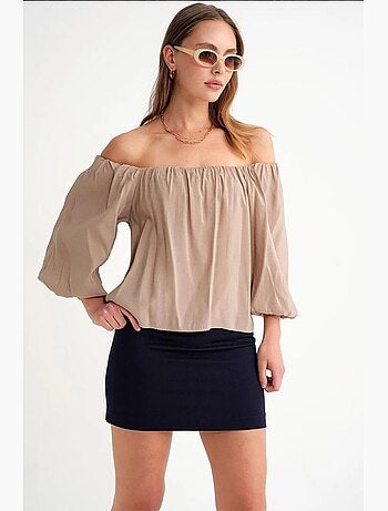 Modaalmix blouse met madonnakraag en ruchesdetail mixray