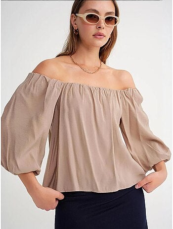 Modaalmix blouse met madonnakraag en ruchesdetail mixray