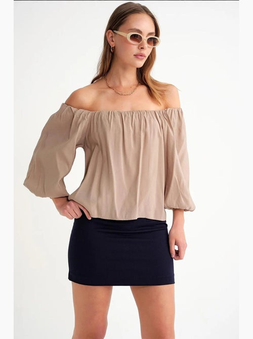 Modaalmix blouse met madonnakraag en ruchesdetail mixray - Kiabi