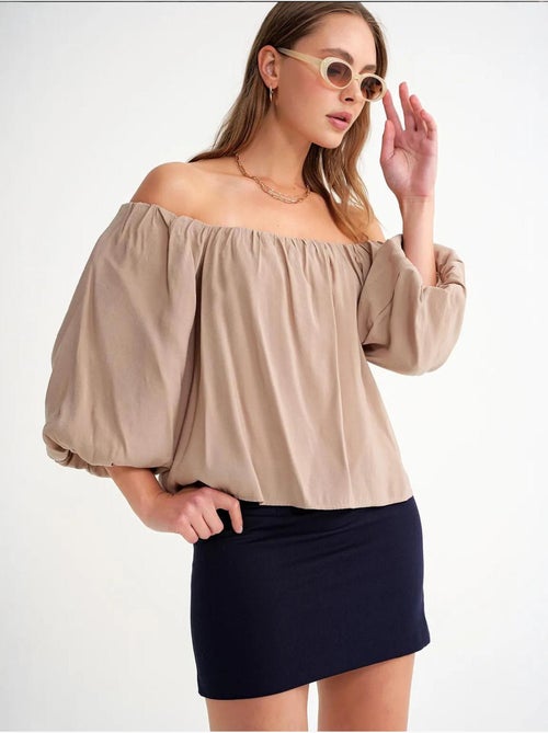 Modaalmix blouse met madonnakraag en ruchesdetail mixray - Kiabi