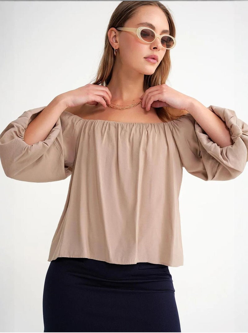 Modaalmix blouse met madonnakraag en ruchesdetail mixray Camel - Kiabi
