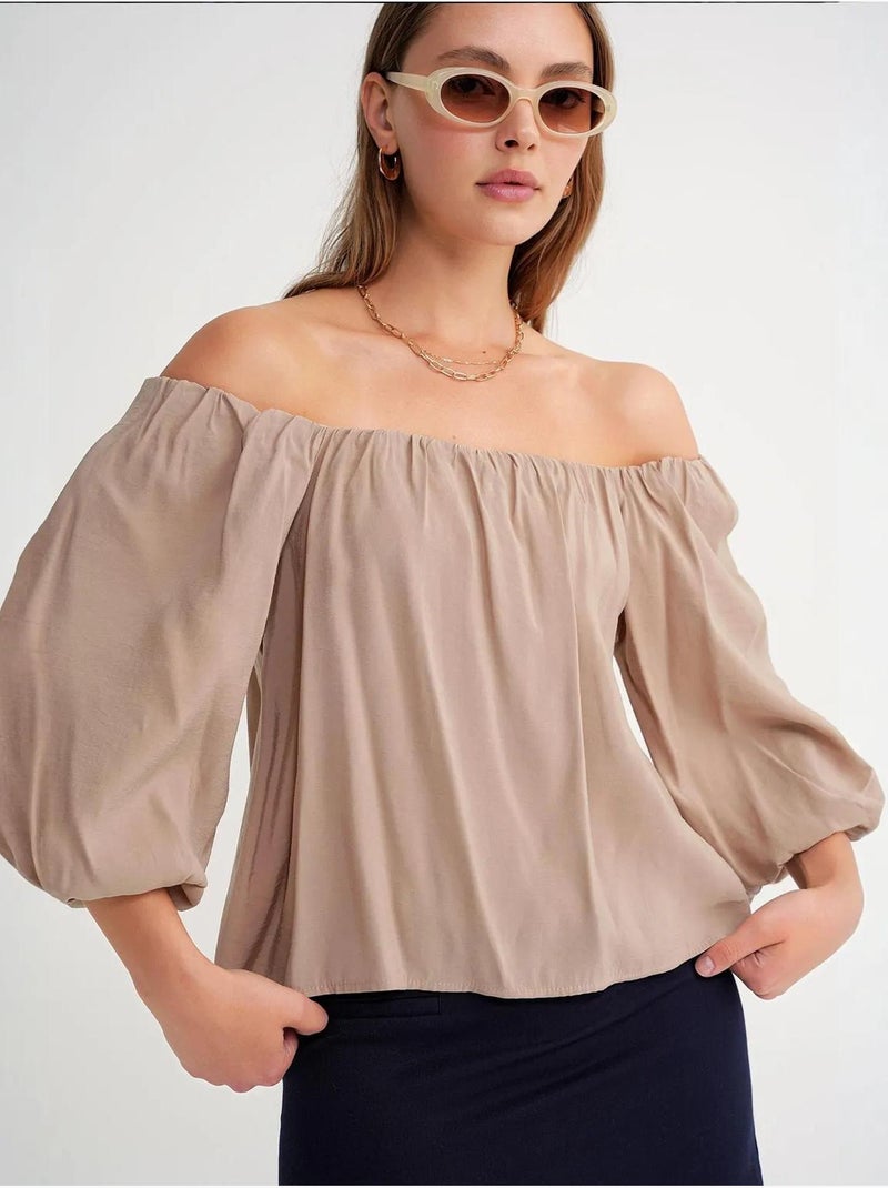 Modaalmix blouse met madonnakraag en ruchesdetail mixray Camel - Kiabi