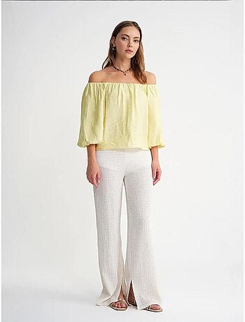 Modaalmix blouse met madonnakraag en ruchesdetail mixray