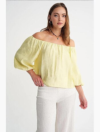 Modaalmix blouse met madonnakraag en ruchesdetail mixray