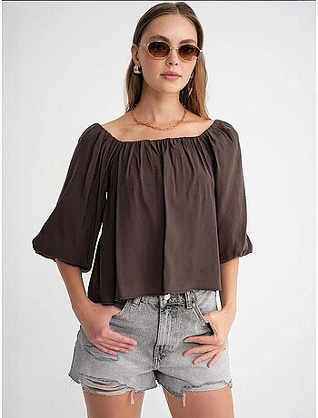 Modaalmix blouse met madonnakraag en ruchesdetail mixray