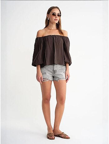 Modaalmix blouse met madonnakraag en ruchesdetail mixray