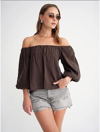 Modaalmix blouse met madonnakraag en ruchesdetail mixray