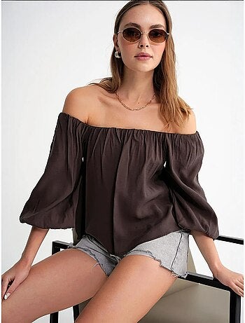 Modaalmix blouse met madonnakraag en ruchesdetail mixray