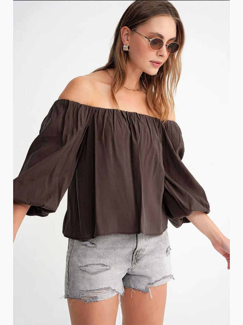 Modaalmix blouse met madonnakraag en ruchesdetail mixray Donkerbruin - Kiabi