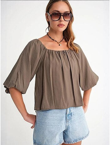 Modaalmix blouse met madonnakraag en ruchesdetail mixray