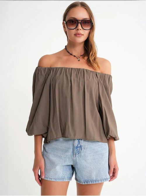 Modaalmix blouse met madonnakraag en ruchesdetail mixray - Kiabi