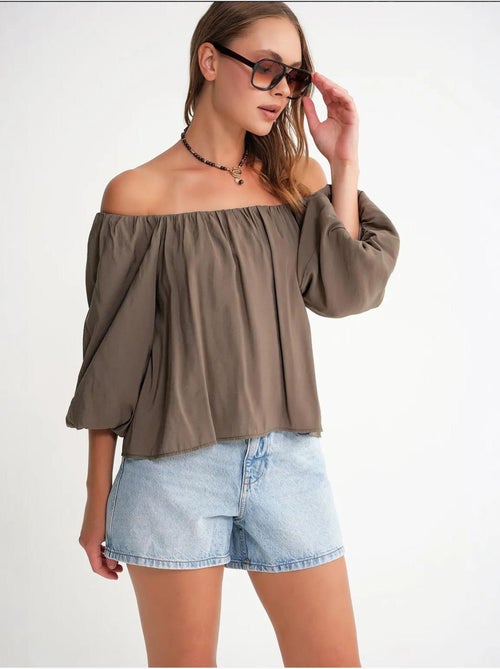 Modaalmix blouse met madonnakraag en ruchesdetail mixray - Kiabi