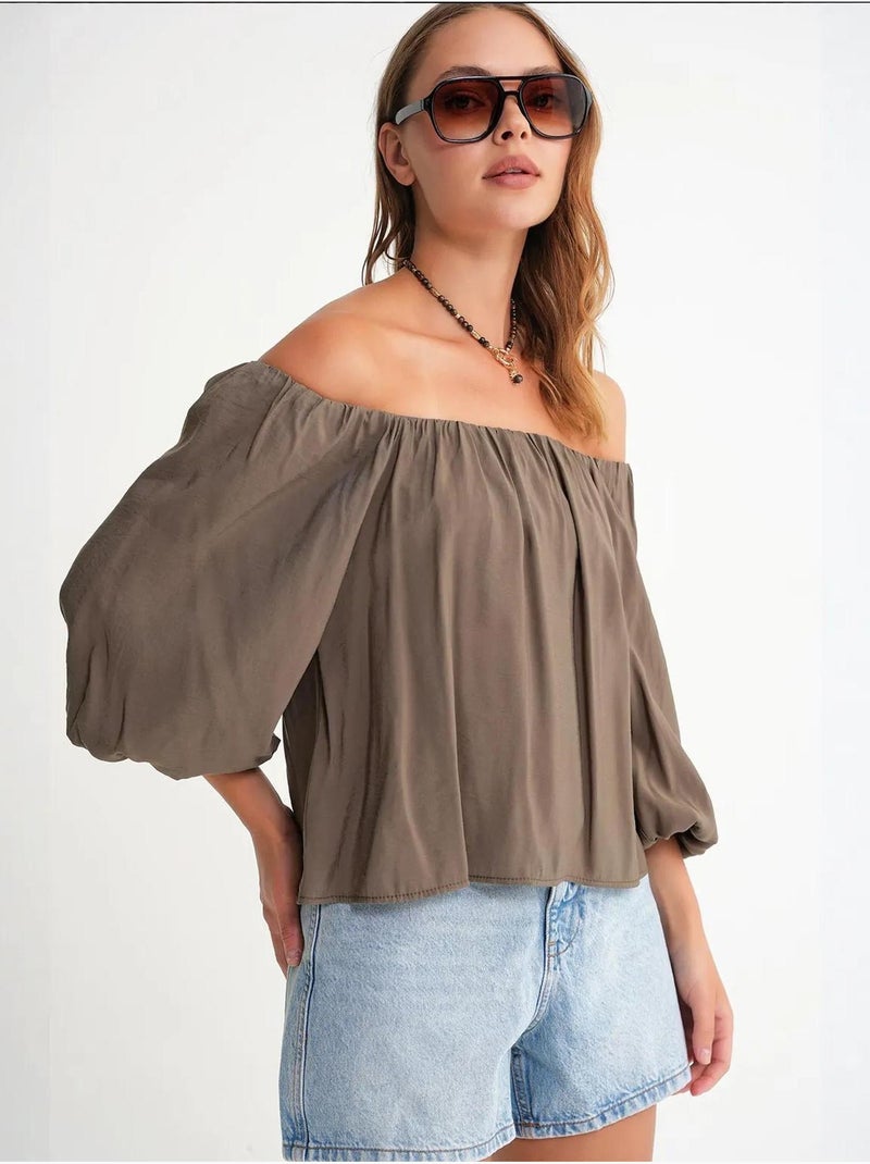 Modaalmix blouse met madonnakraag en ruchesdetail mixray Kaki - Kiabi