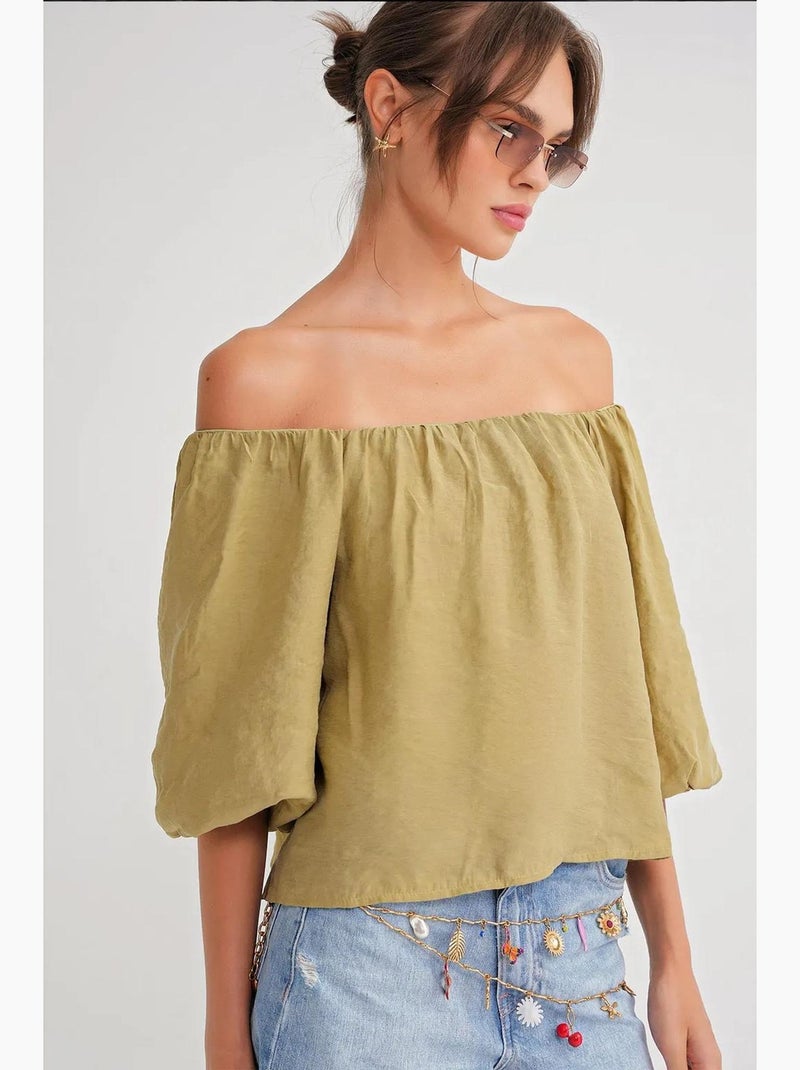 Modaalmix blouse met madonnakraag en ruchesdetail mixray Kakigroen - Kiabi