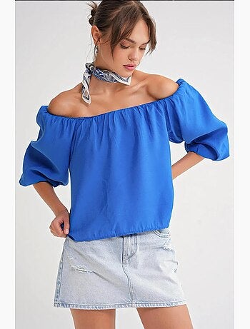 Modaalmix blouse met madonnakraag en ruchesdetail mixray