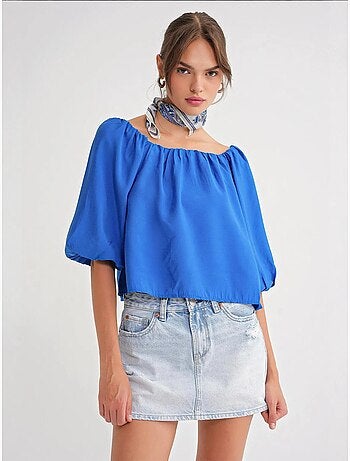 Modaalmix blouse met madonnakraag en ruchesdetail mixray