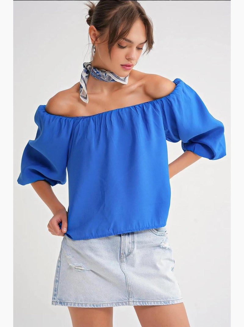Modaalmix blouse met madonnakraag en ruchesdetail mixray Kobaltblauw - Kiabi