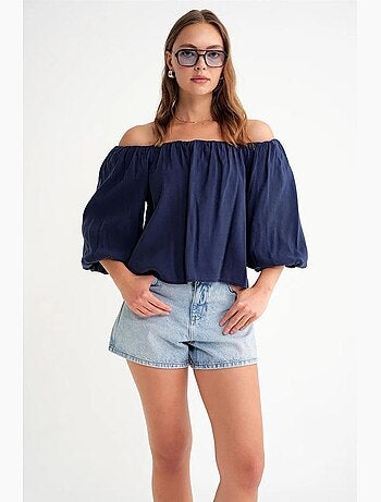 Modaalmix blouse met madonnakraag en ruchesdetail mixray