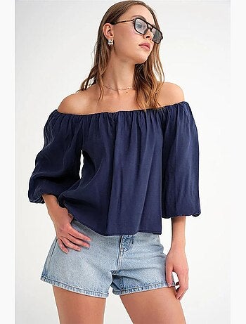 Modaalmix blouse met madonnakraag en ruchesdetail mixray