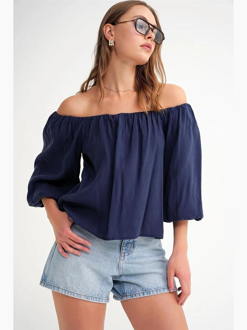 Modaalmix blouse met madonnakraag en ruchesdetail mixray Marineblauw - Kiabi