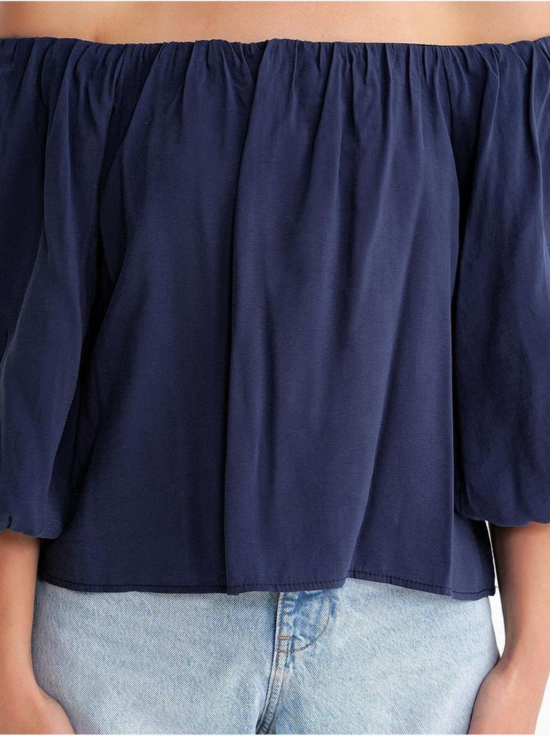 Modaalmix blouse met madonnakraag en ruchesdetail mixray Marineblauw - Kiabi