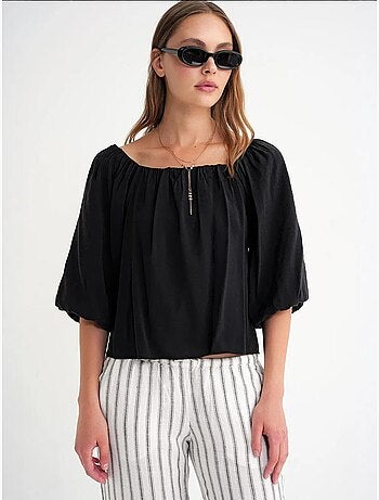 Modaalmix blouse met madonnakraag en ruchesdetail mixray