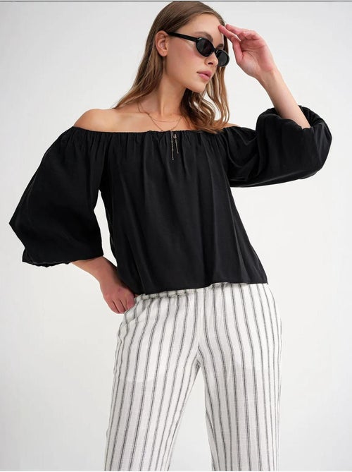 Modaalmix blouse met madonnakraag en ruchesdetail mixray - Kiabi
