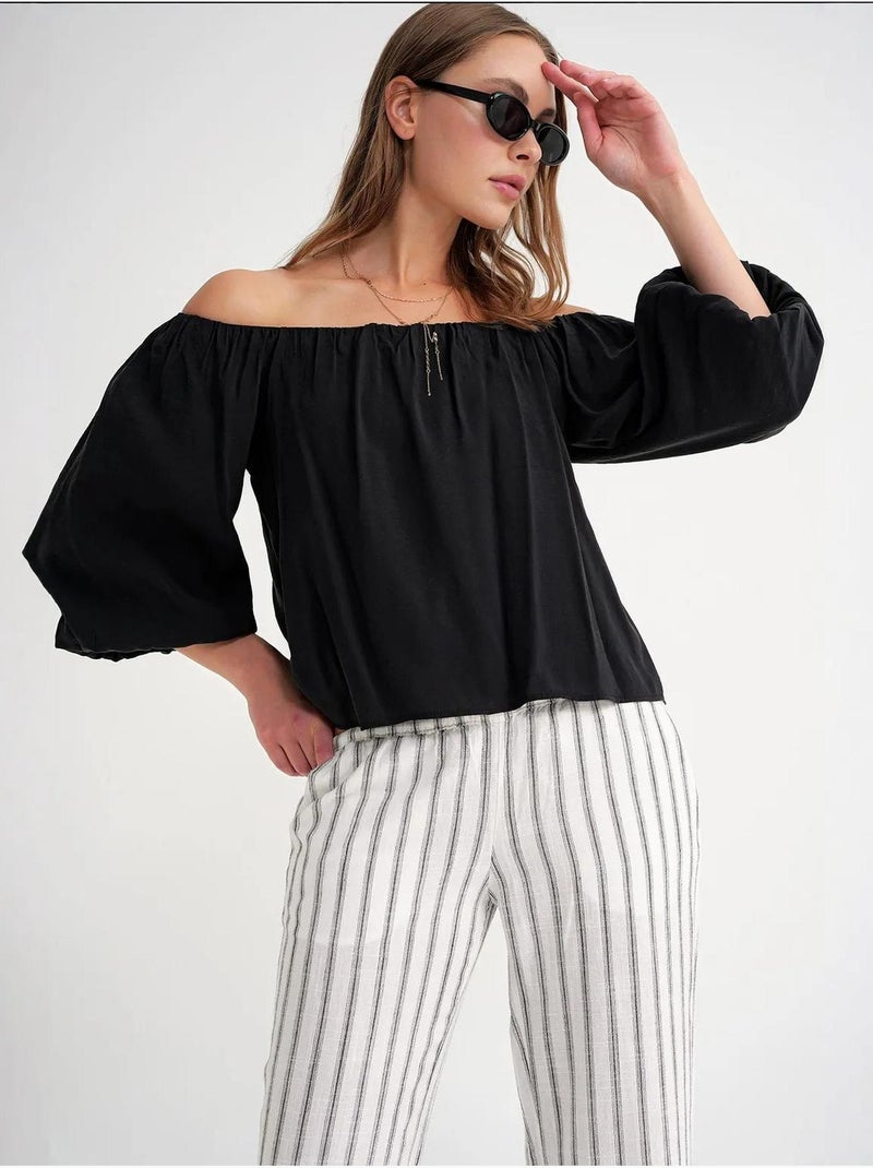 Modaalmix blouse met madonnakraag en ruchesdetail mixray Zwart - Kiabi