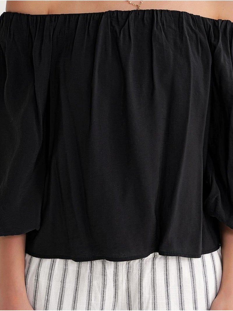 Modaalmix blouse met madonnakraag en ruchesdetail mixray Zwart - Kiabi