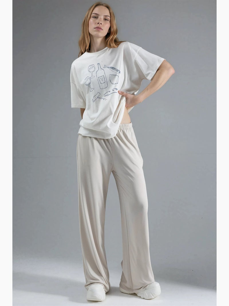 Modal broek met elastische taille en rechte pijpen busem Zand - Kiabi