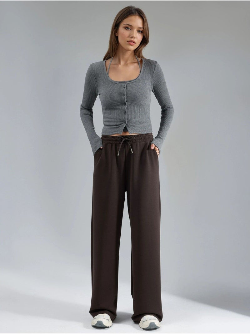 Modal broek met middelhoge taille en wijde pijpen busem Donkerbruin - Kiabi