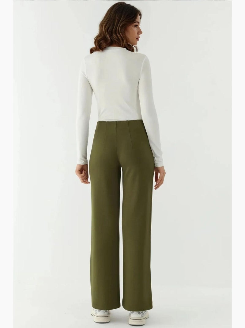 Modal-touch broek met ribdetails en wijde pijpen hiccup Kaki - Kiabi
