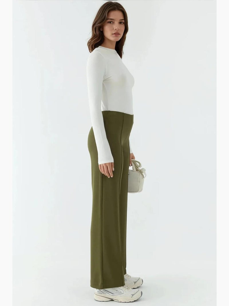 Modal-touch broek met ribdetails en wijde pijpen hiccup Kaki - Kiabi