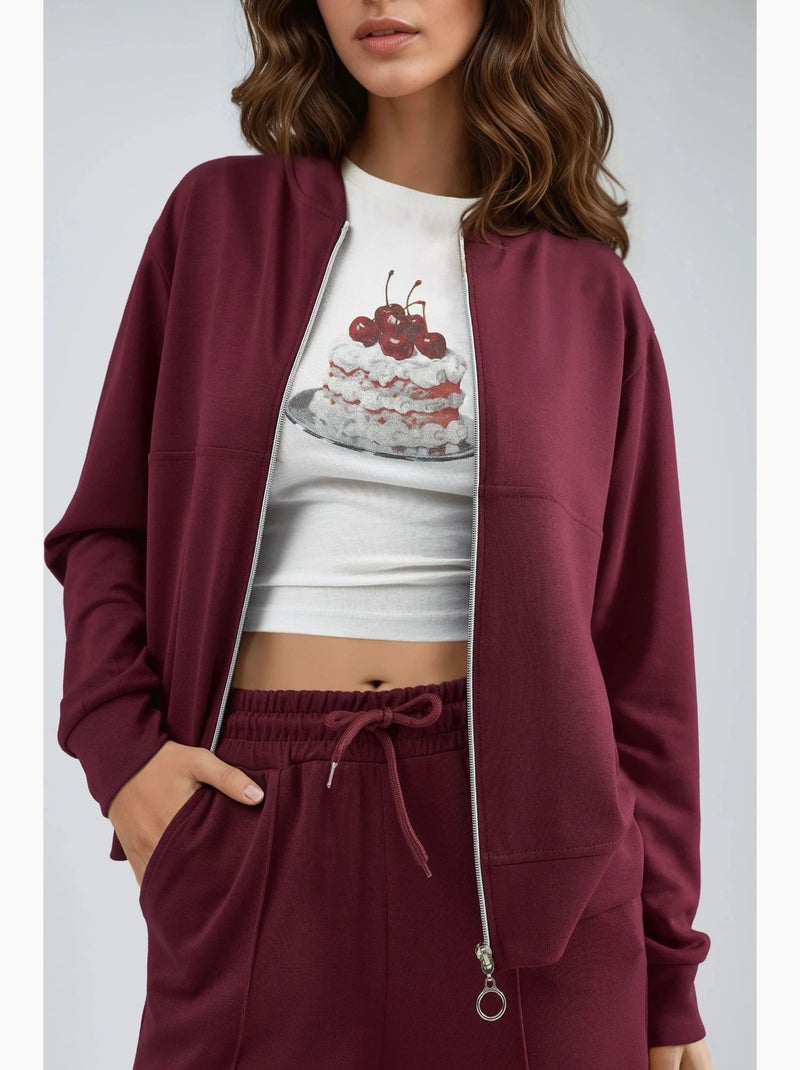 Modal touch sweatshirt met rits & geribde broek co-ord set hiccup Bordeauxrood - Kiabi