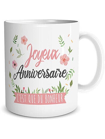 Mok anniversaire en keramiek bedrukt bloemen message van bonheur