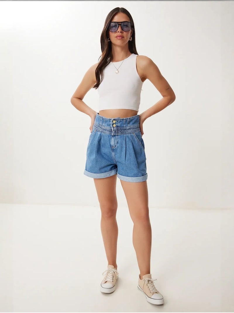 Mom-denimshort met hoge taille istanbul Pastelblauw - Kiabi
