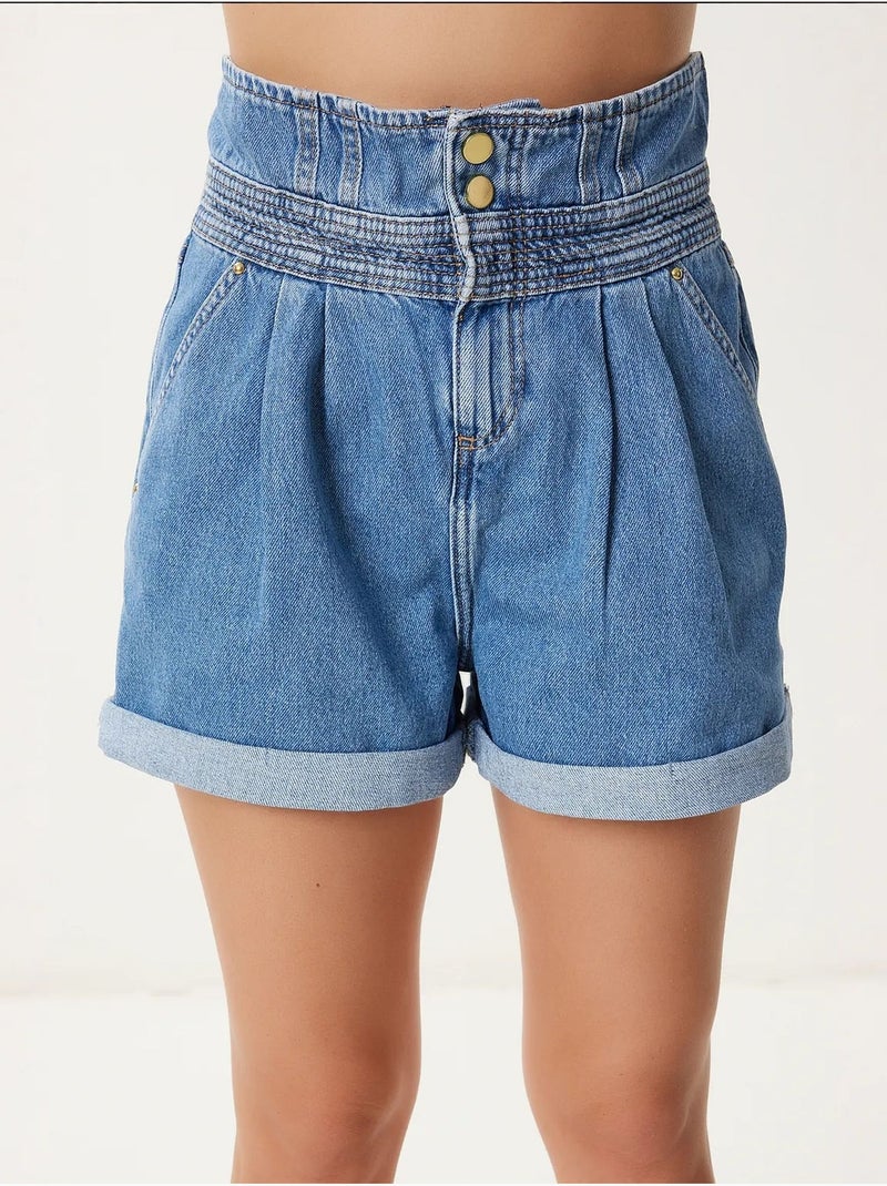Mom-denimshort met hoge taille istanbul Pastelblauw - Kiabi