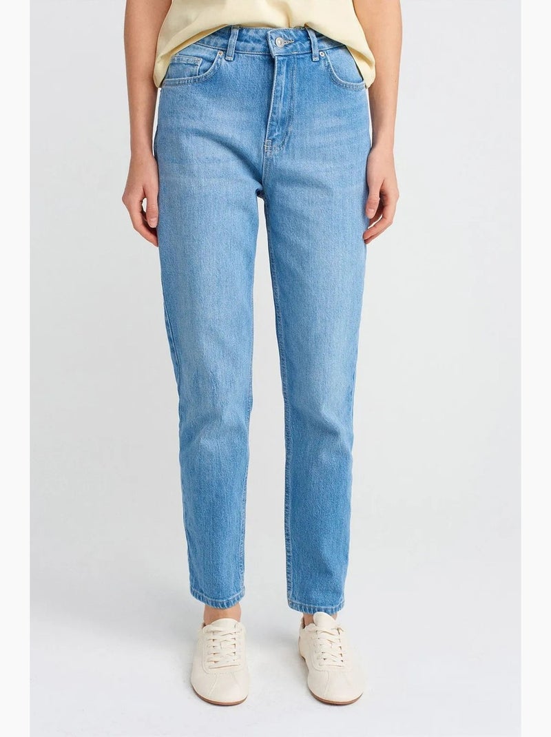 Mom jeans met hoge taille en rechte pijp dilvin Saffierblauw - Kiabi