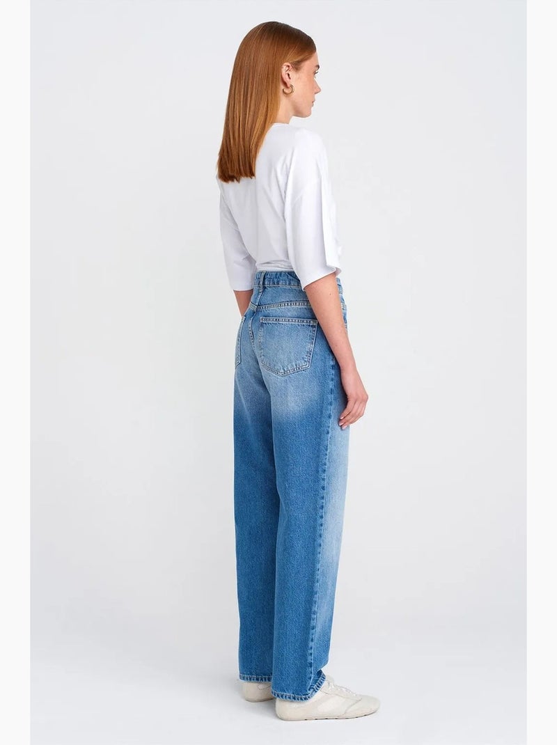 Mom jeans met hoge taille en wijde pijp dilvin Saffierblauw - Kiabi