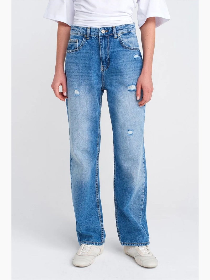 Mom jeans met hoge taille en wijde pijp dilvin Saffierblauw - Kiabi