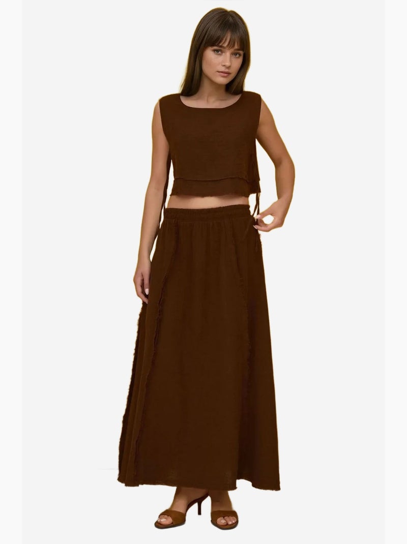 Mousseline set met rok met elastische taille en blouse met strikdetail aan de zijkant hiccup Donkerbruin - Kiabi