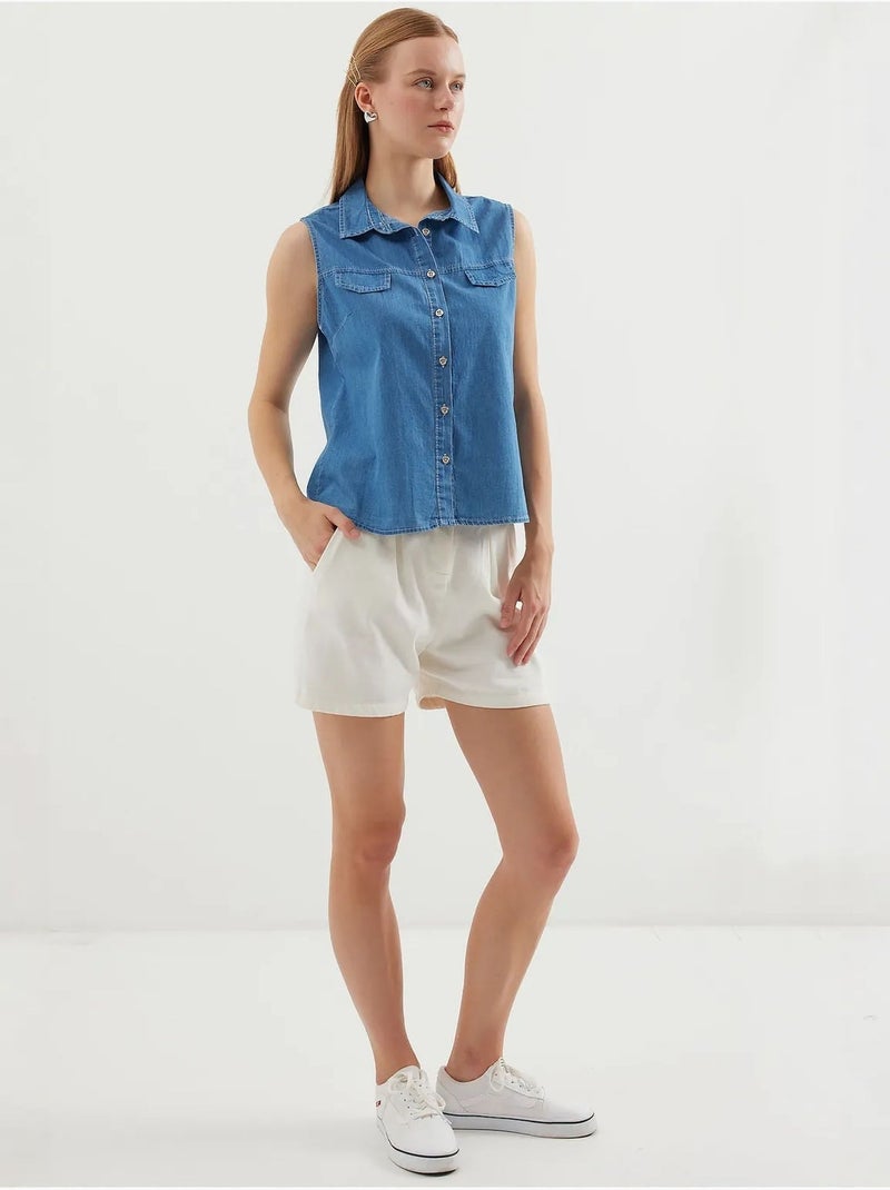 Mouwloos denim overhemd van katoen bdart Saffierblauw - Kiabi