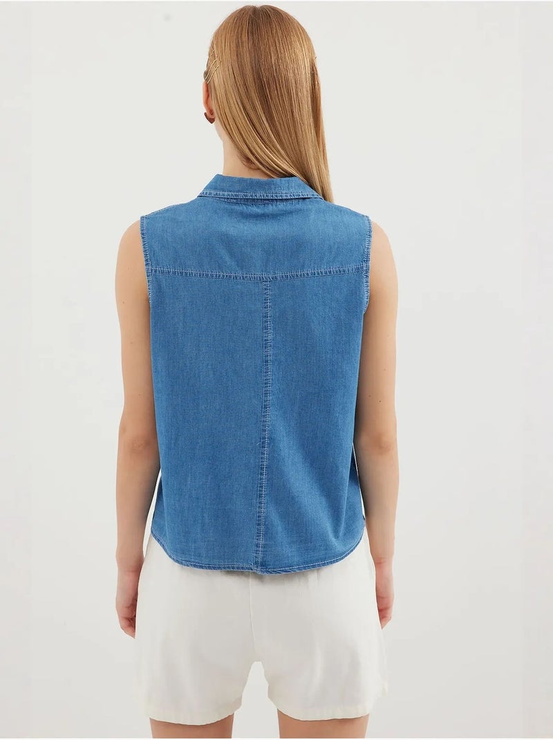 Mouwloos denim overhemd van katoen bdart Saffierblauw - Kiabi