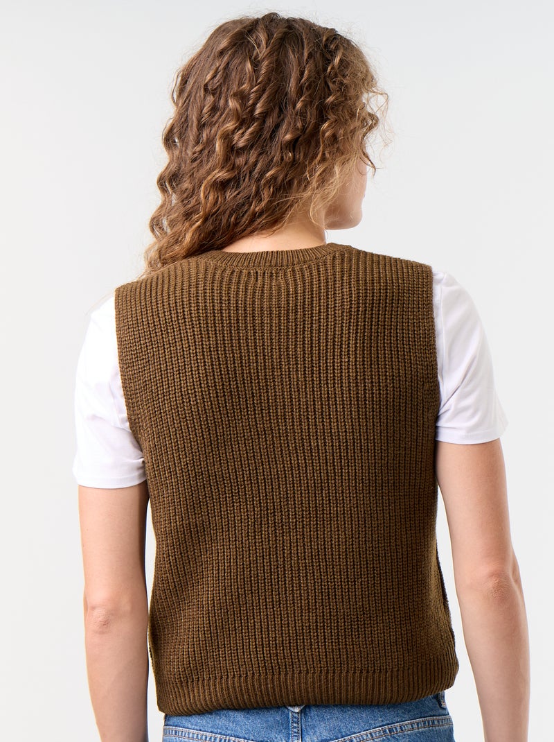Mouwloos gilet met ronde hals van grof gebreid Bruin - Kiabi