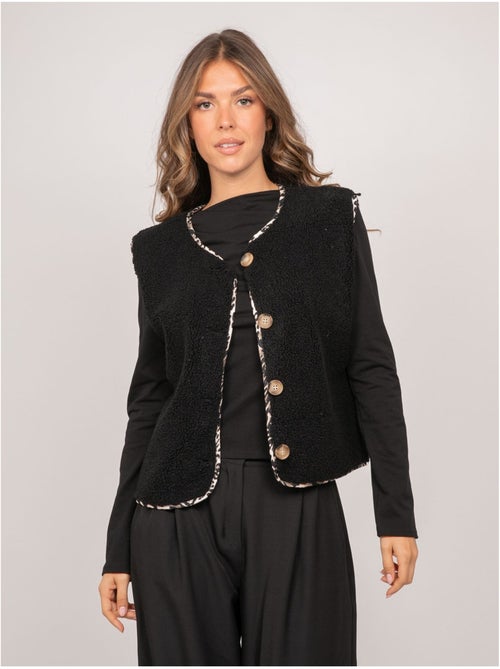 Mouwloos sherpa gilet met luipaardafwerking umalia - Kiabi Mouwloos sherpa gilet met luipaardafwerking umalia - Kiabi